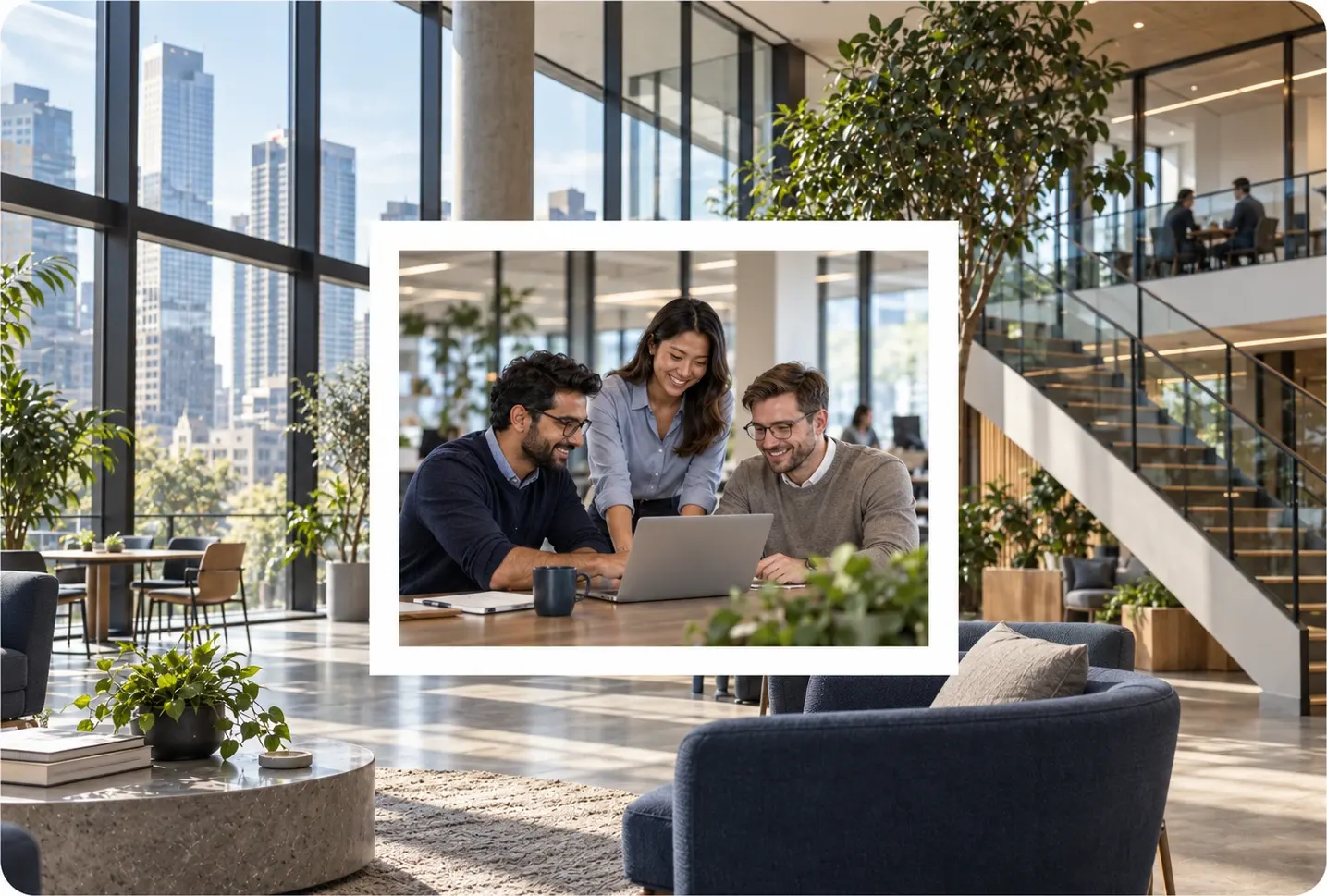 PineSucceed team working with a technology partner in a modern office