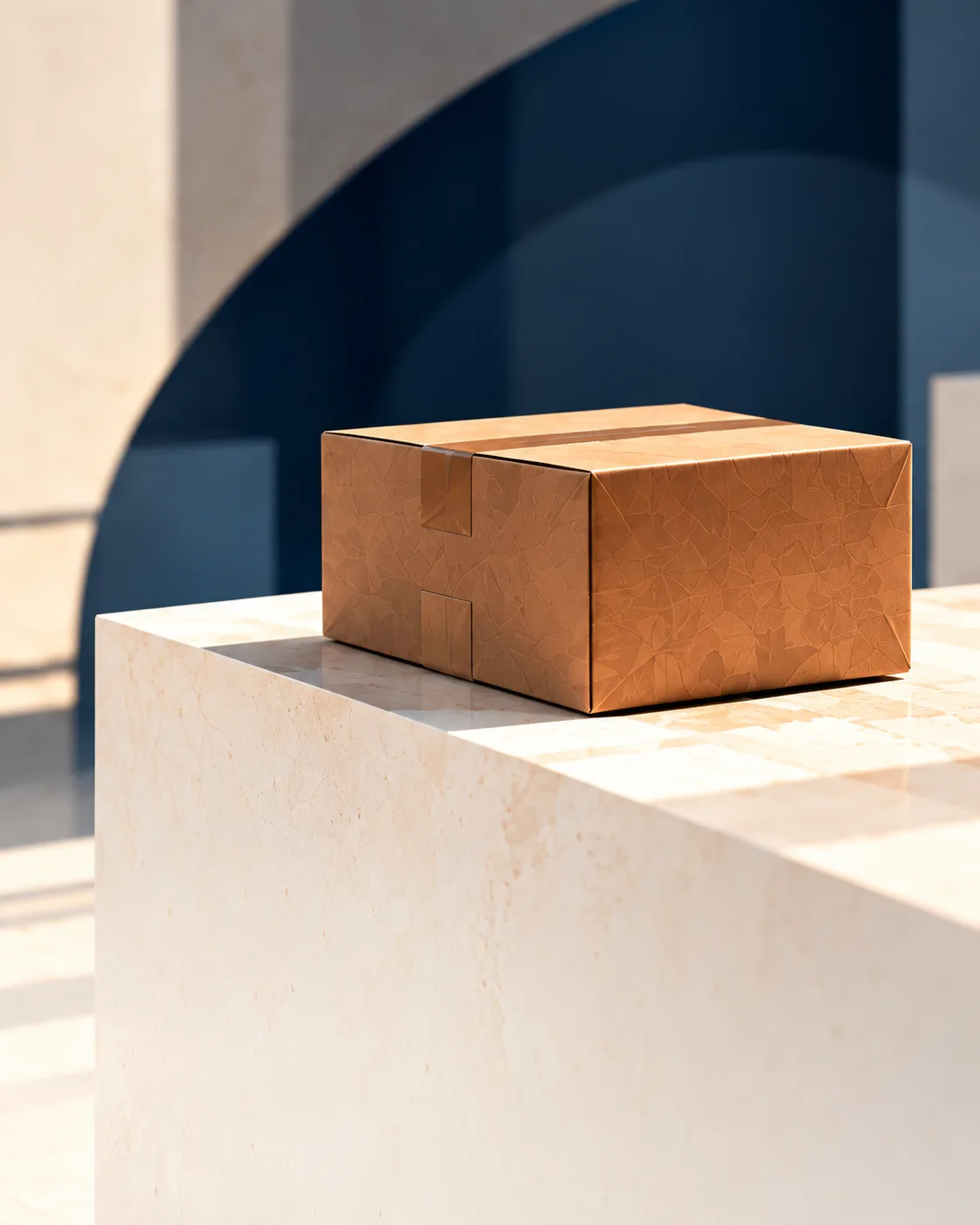 Shipping box on a stone plinth